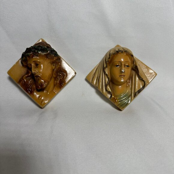 Vintage Jesus Blessed Virgin Mary Chalkware Wall Plaques Catholic Square - Picture 2 of 9